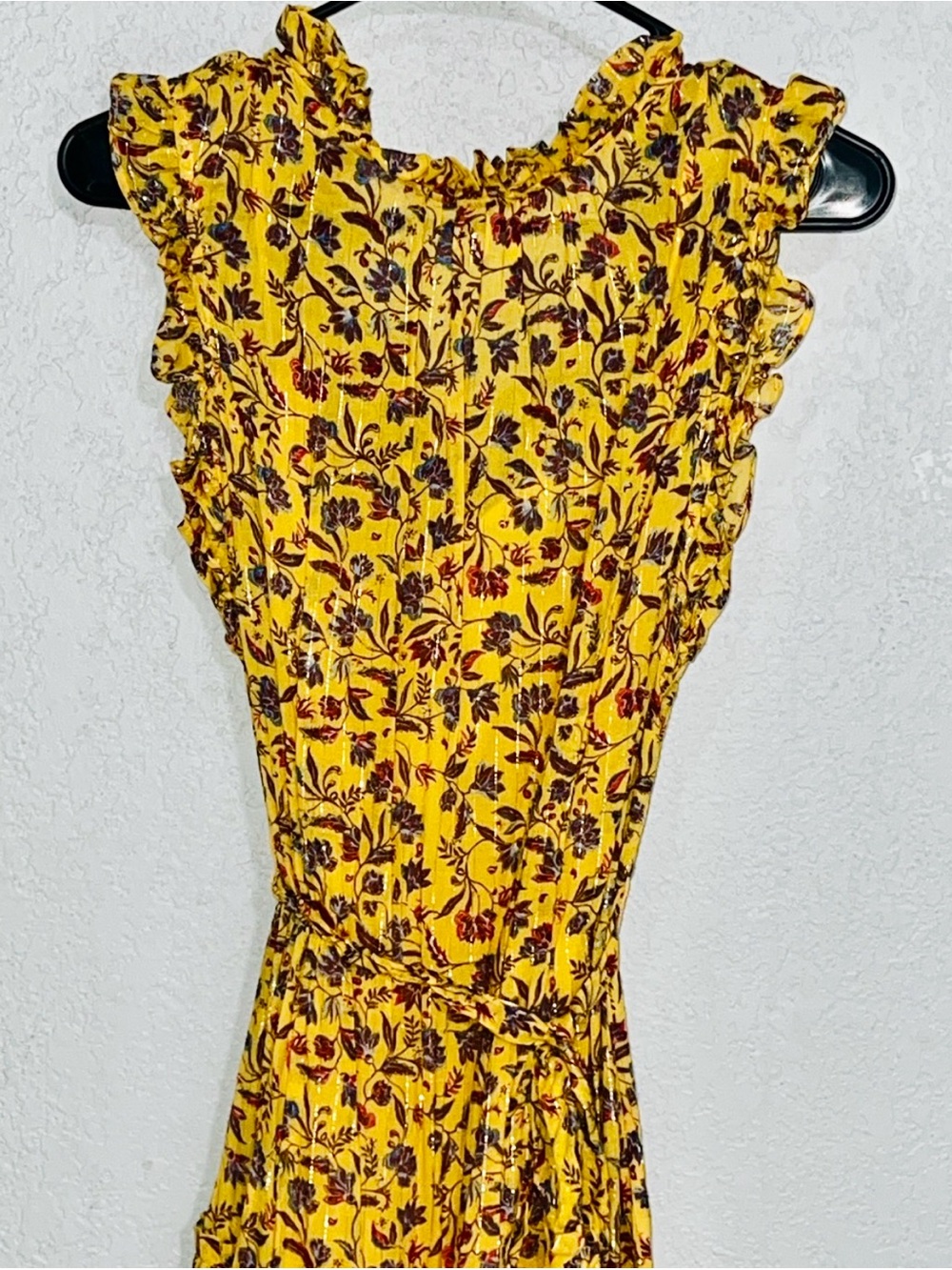BCBG MaxAzria Yellow Floral Pleated Midi Dress with Blue & Burgundy Print